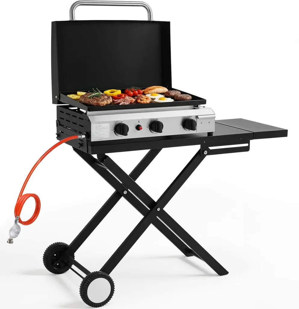 LIFERUN 3-Brenner Gasgrill mit Klapptisch, 7.2kW Tischgrill mit abnehmbarem Grillwagen, ideal für Balkon, Garten und Camping, Schwarz