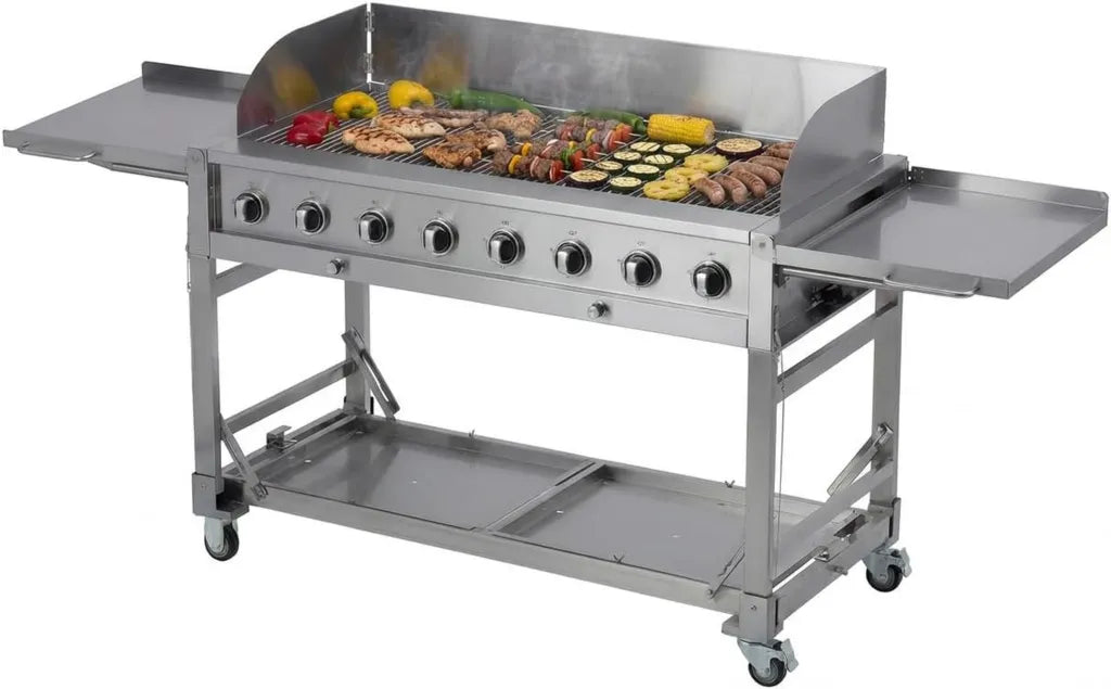 METRO Professional Gasgrill mit 8 Brennern, 49x120 cm Grillfläche, fahrbar, inkl. Ablagetisch und Abdeckung, Edelstahl