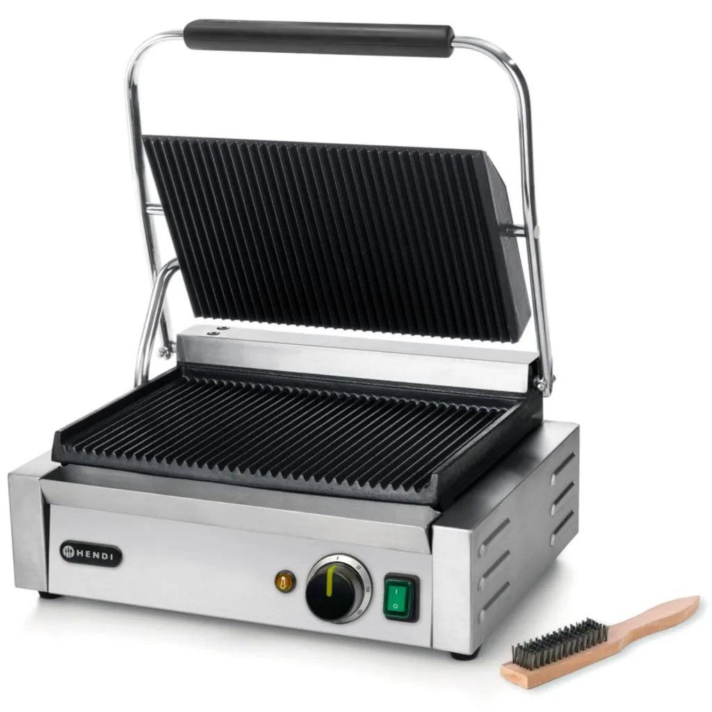 HENDI Edelstahl Panini-Kontaktgrill mit einstellbarer Temperatur bis 300°C und Reinigungsbürste