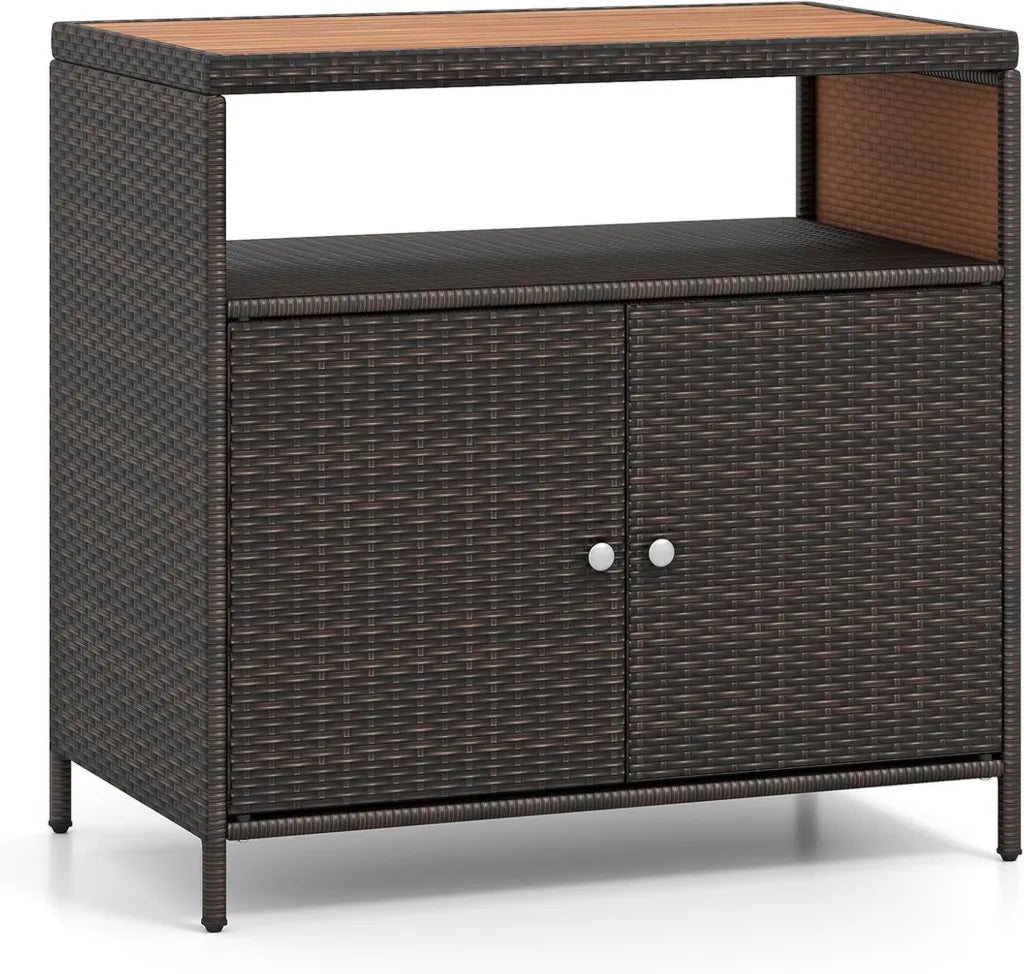 Moderner Rattan-Gartenschrank mit Akazienholzplatte, wetterfester Terrassenschrank mit Stauraum und Doppeltür, braun, 90 x 53 x 86 cm