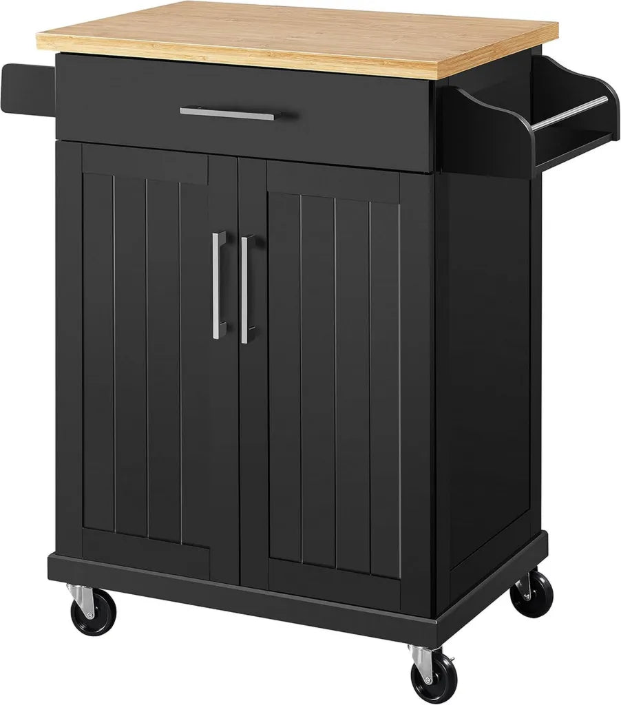 Mobiler Küchentrolley mit Schublade und Schränken, Holzarbeitsplatte, 66 x 45,5 x 91,5 cm, Landhausstil, Schwarz