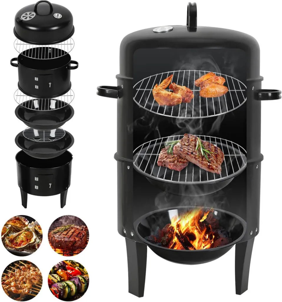 Multifunktionaler 3-in-1 Holzkohlegrill mit Thermometer, ideal zum Räuchern, Grillen und Kochen, 2 Ebenen, 40×80 cm, für Garten, Balkon und Camping
