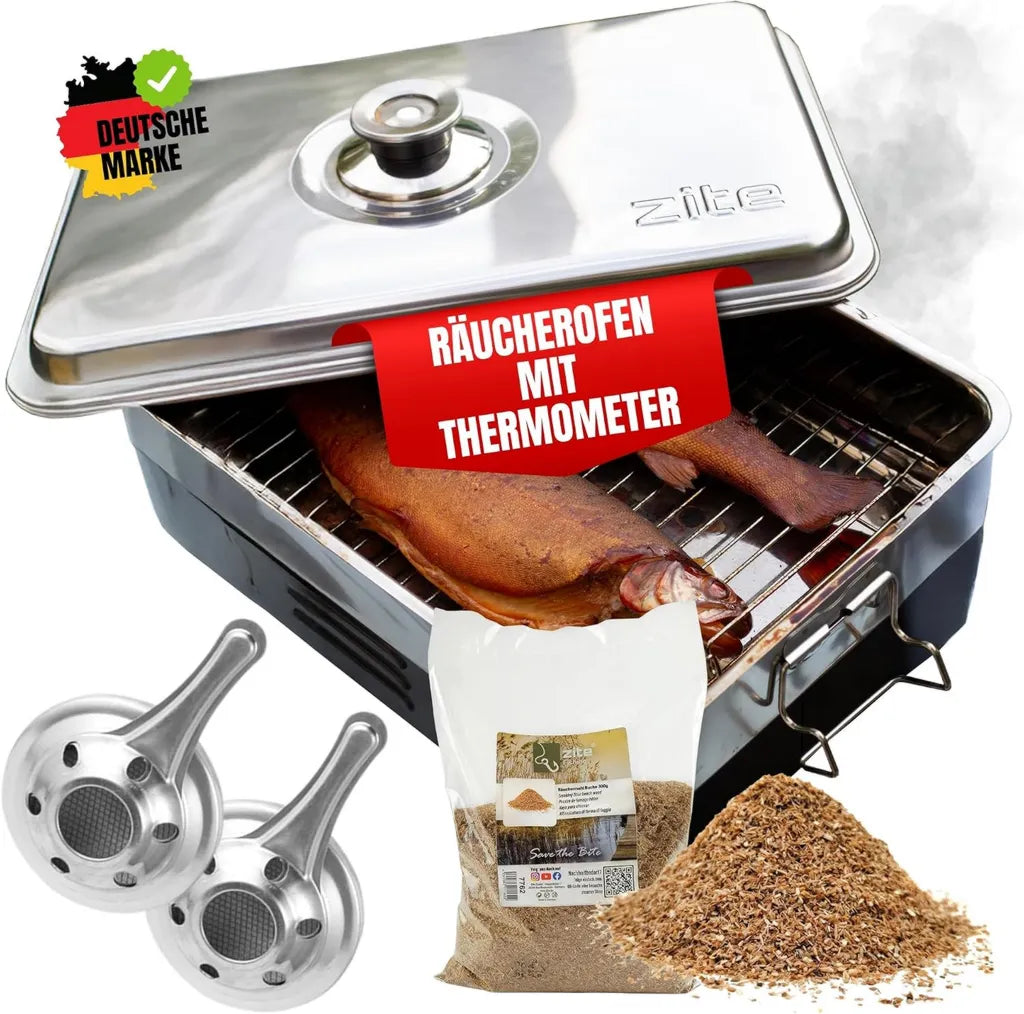 Edelstahl Tischräucherofen mit Thermometer und Buchen-Räuchermehl, ideal für Fisch und mehr