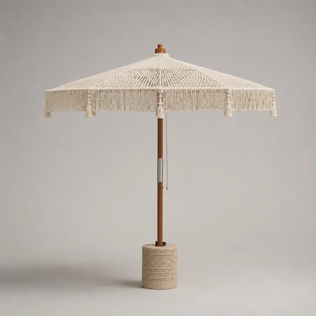 Quadratischer Sonnenschirm mit Ständer, Makramee aus Baumwolle, Eschenholz und Beton, Creme/Braun/Beige/Silber, 200 × 200 × 245 cm