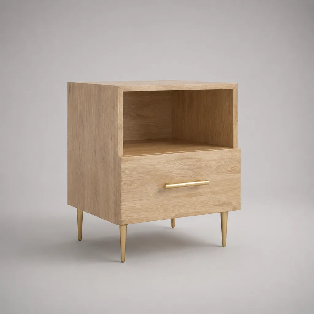 Nachttisch mit Schublade und offenem Fach, MDF mit Eichenfurnier, Natur und Gold, 50 × 40 × 65 cm