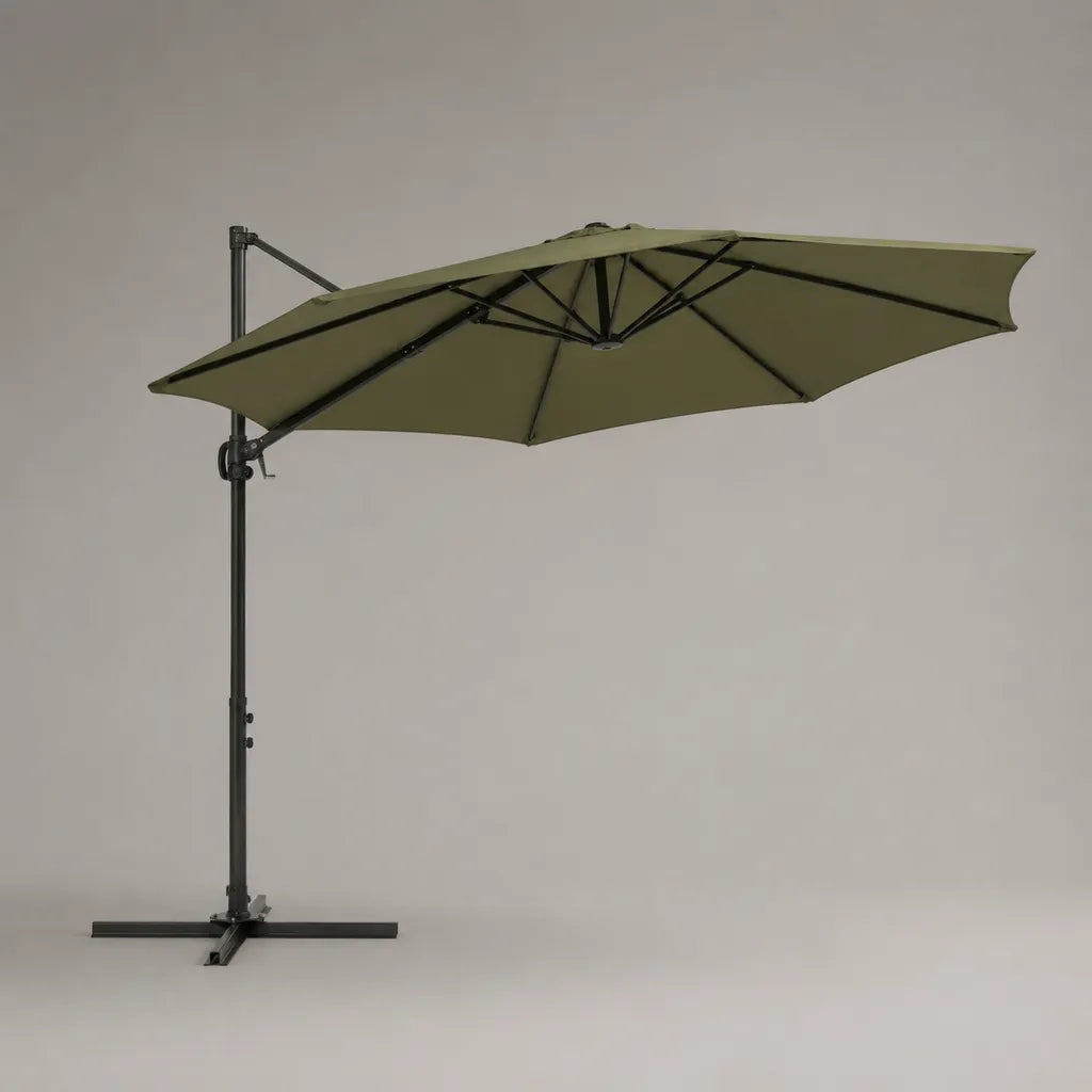 Quadratischer Ampelschirm 300 × 300 cm aus Polyester mit Stahlgestell, Kurbel und Kreuzfuß, Olivgrün