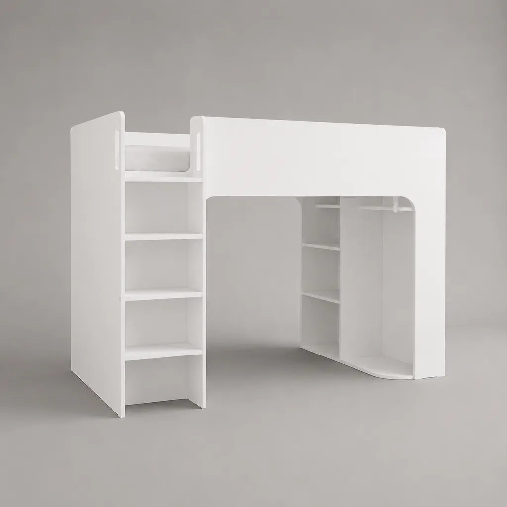 Hochbett mit Kleiderschrank und Regalleiter aus lackierten MDF-Platten, Weiß, Liegefläche 90 × 200 cm, Gesamtmaß 205 × 105 × 180 cm