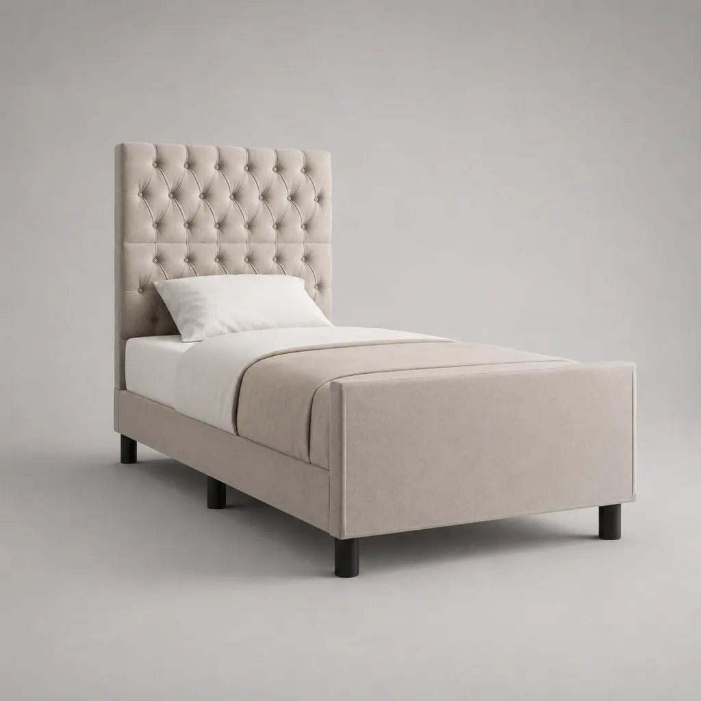Polsterbett Einzelbett 90 x 200 cm mit Lattenrost, Samtbezug, Knopfheftung, Beige/Schwarz, 212 x 99 x 120 cm