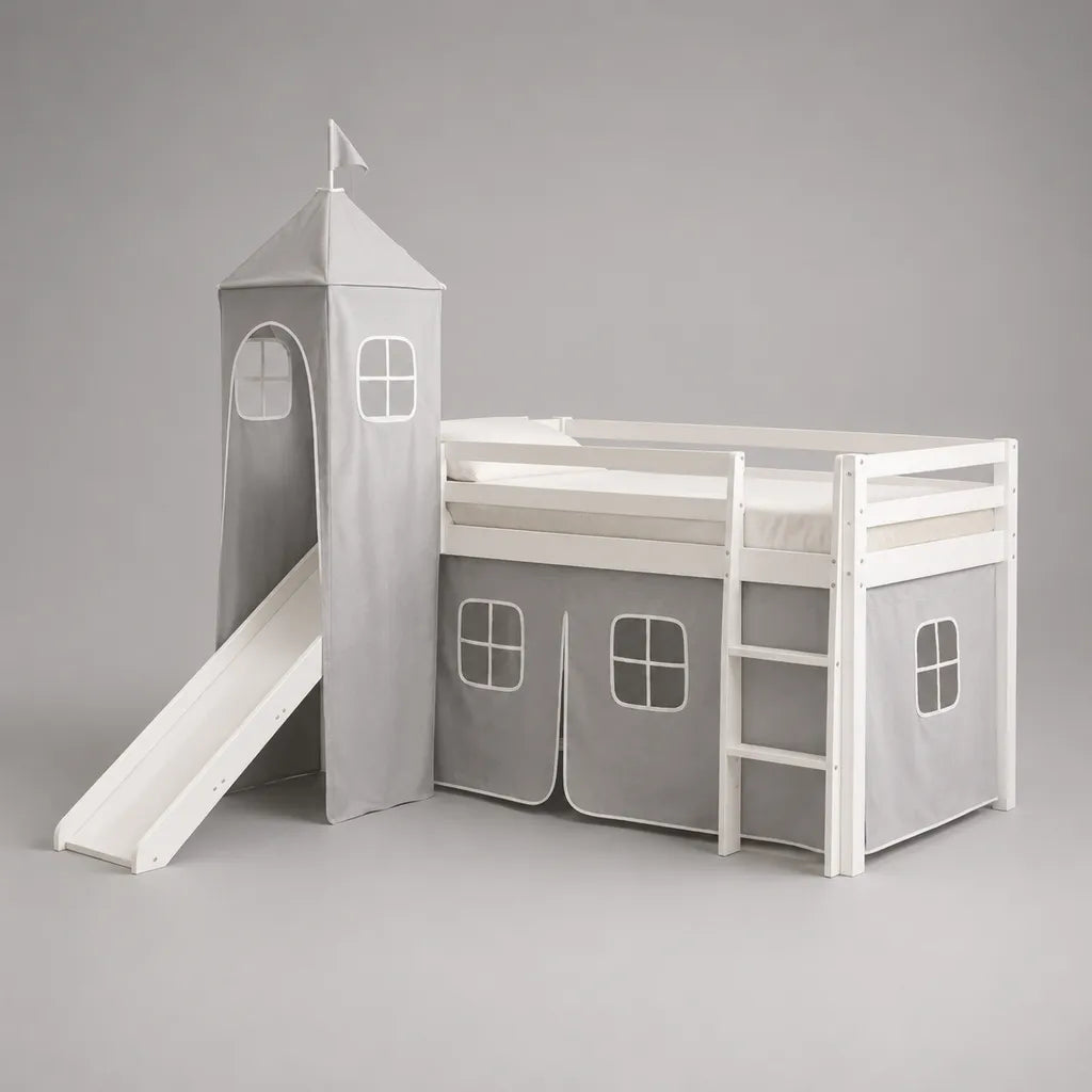 Kinderhochbett aus massivem Kiefernholz mit Rutsche, Leiter, Turm und Vorhang, Weiß/Grau, Liegefläche 90 × 200 cm, Gesamtmaß ca. 207 × 217 × 220 cm