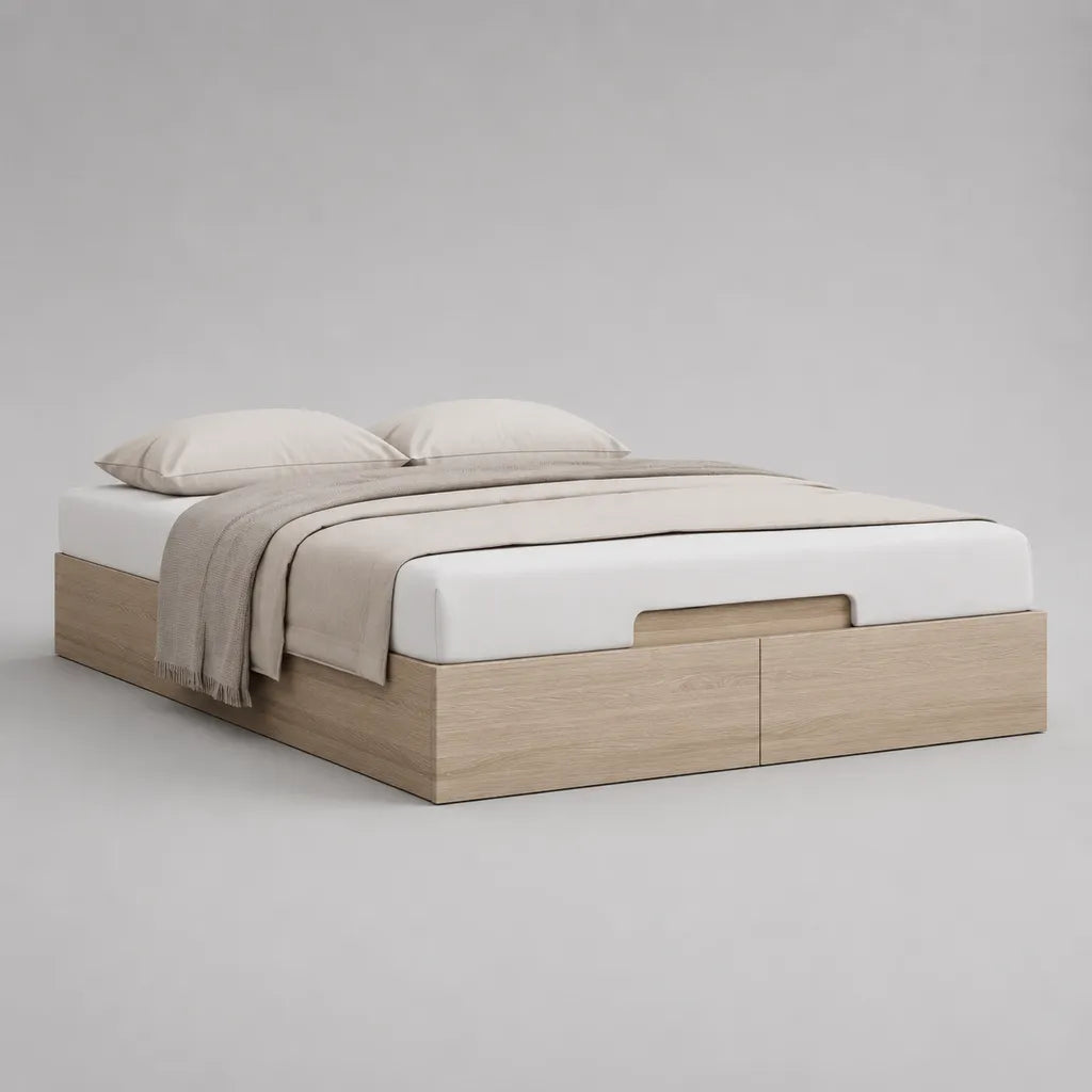 Stauraumbett Doppelbett mit 2 Schubladen aus melaminbeschichteter Spanplatte, Eiche hell, Liegefläche 160 × 200 cm