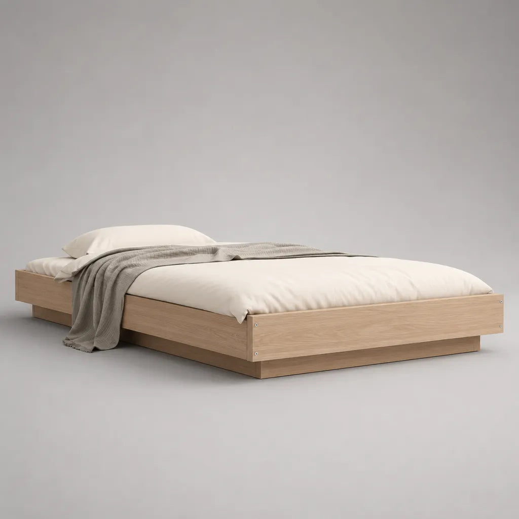Doppelbett-Plattformbett aus Spanplatte, Eiche Natur, Liegefläche 160 × 200 cm, Außenmaß 206 × 166 × 35 cm