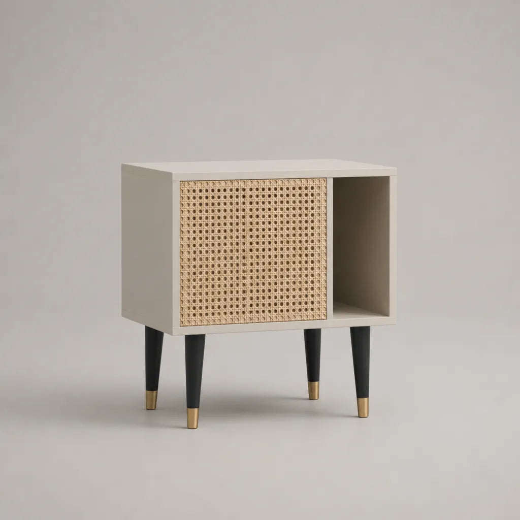 Nachttisch mit Tür und offenem Fach aus MDF und Rattangeflecht, Beige, Natur, Schwarz, 50 × 35 × 60 cm