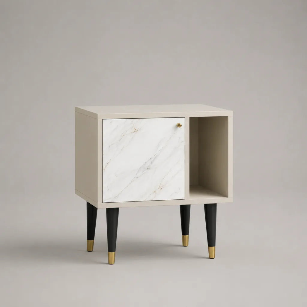 Nachttisch aus MDF mit Tür und offenem Fach, Beige und Weiß in Marmoroptik, 60 x 40 x 65 cm