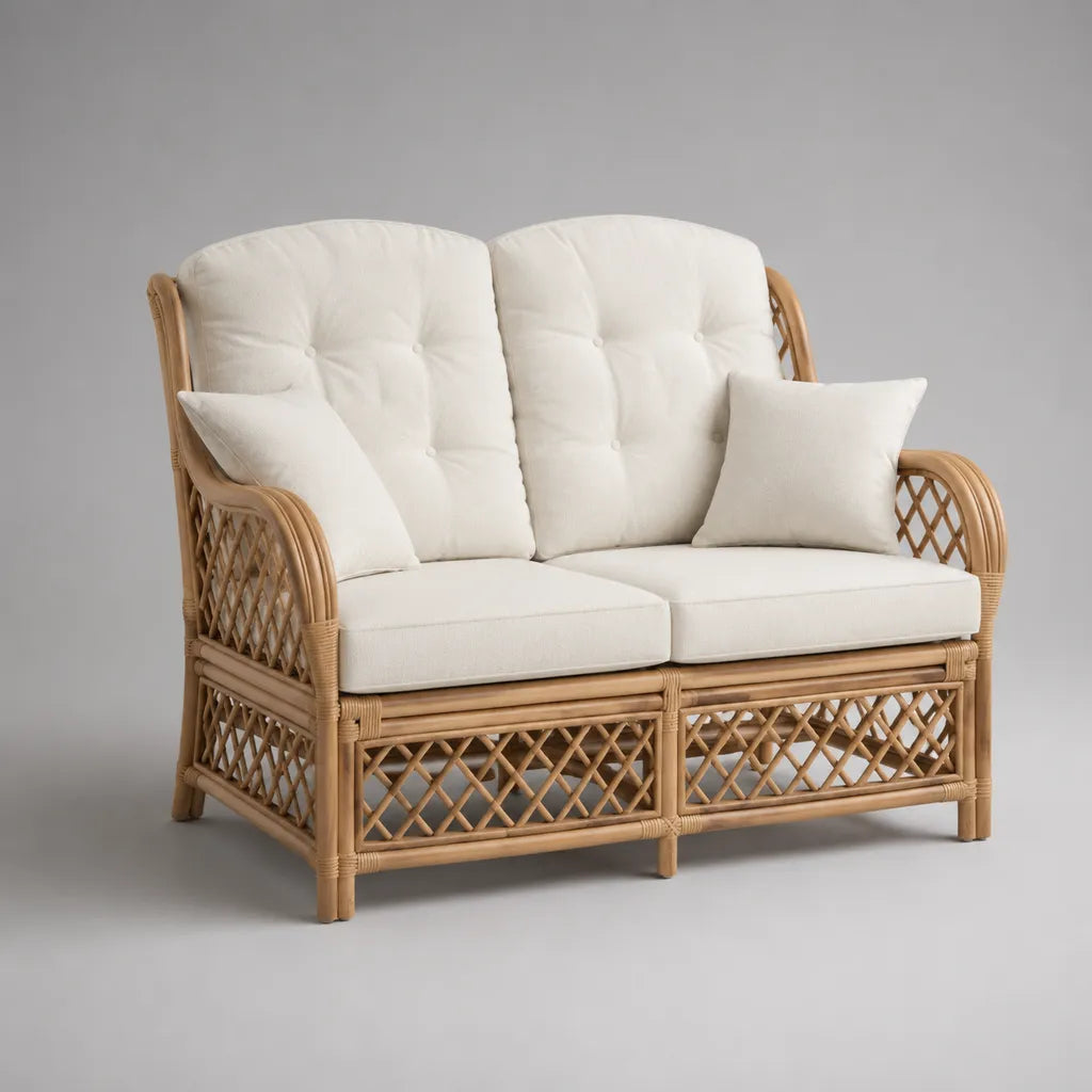 2-Sitzer-Sofa aus Naturrattan mit Stoffbezug, Natur/Cremeweiß, 145 × 82 × 98 cm