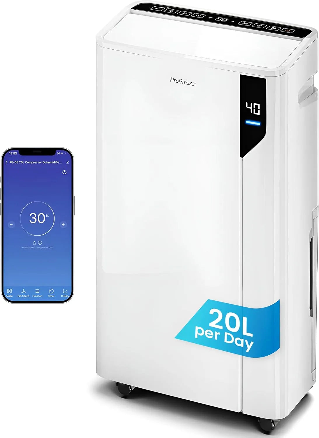 Luftentfeuchter 24h, 20 L, Timer, Pro Breeze Luftentfeuchter 20L in 24h Entfeuchtungsleistung - Luftentfeuchter elektrisch mit Wäschemodus