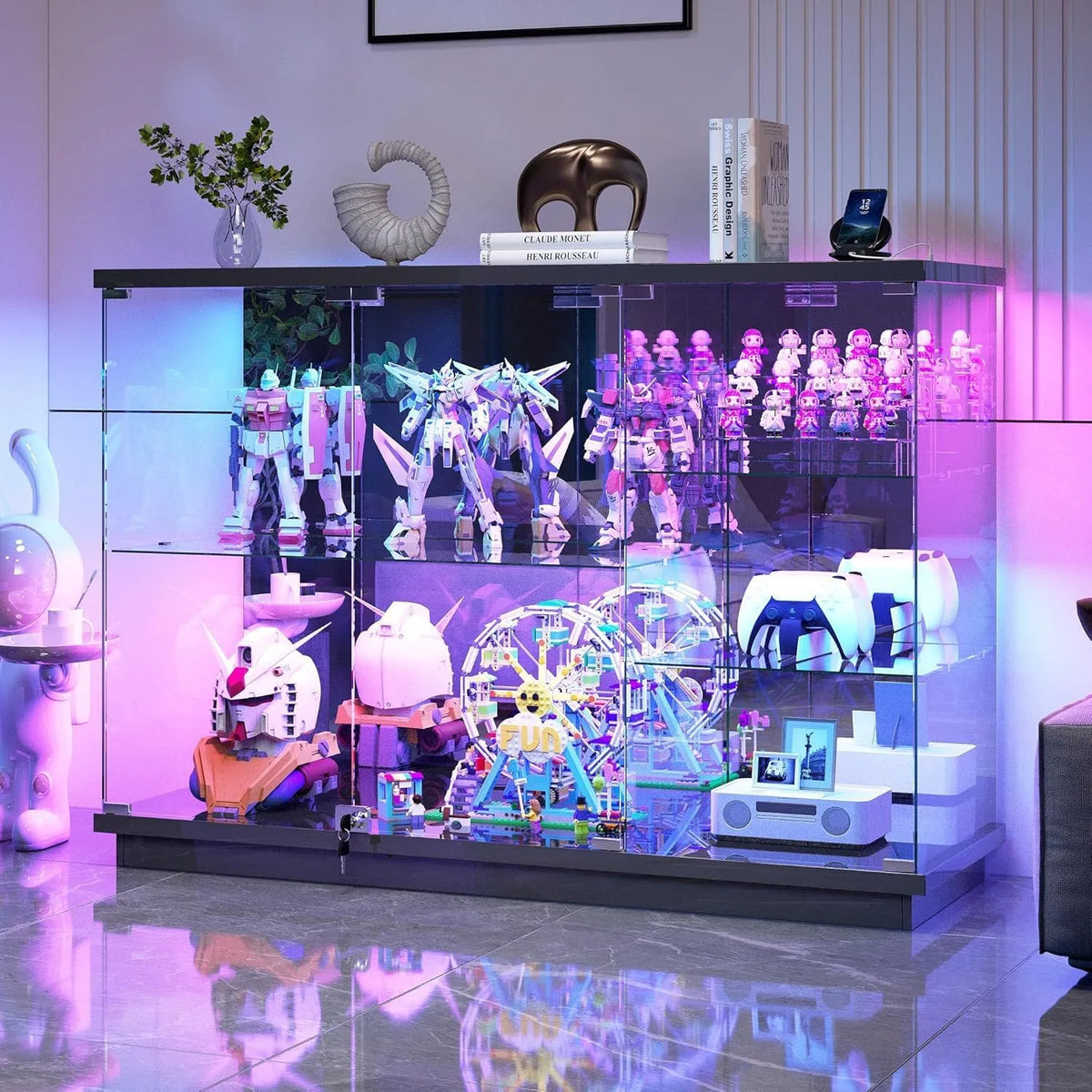 Produkt Schwarz, 120 CM RGB Glasvitrine Stehend mit Ladestation und Bewegungssensor