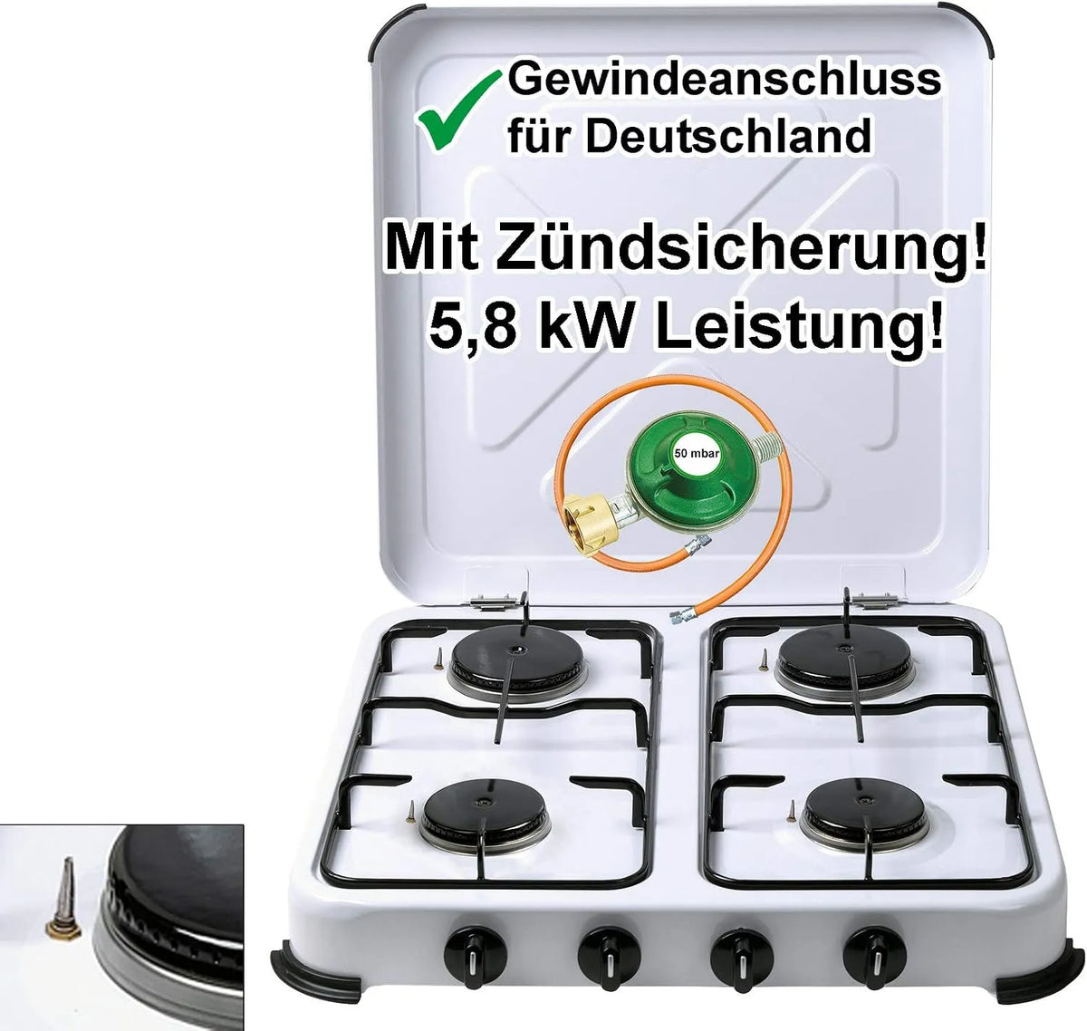 Gaskochfeld, Camping, Gaskocher, Schlauch & Regler, Bluecraft Gaskocher Camping 4 flammig mit Zündsicherung