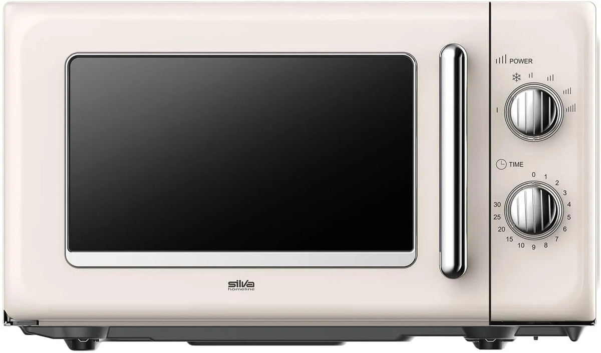 Mikrowelle, 20 L, Timer, Silva Schneider MW-R 25, 700 Watt, 6 Leistungsstufen, Farbe Beige, verchromte Knöpfe & Griff, Endsignal