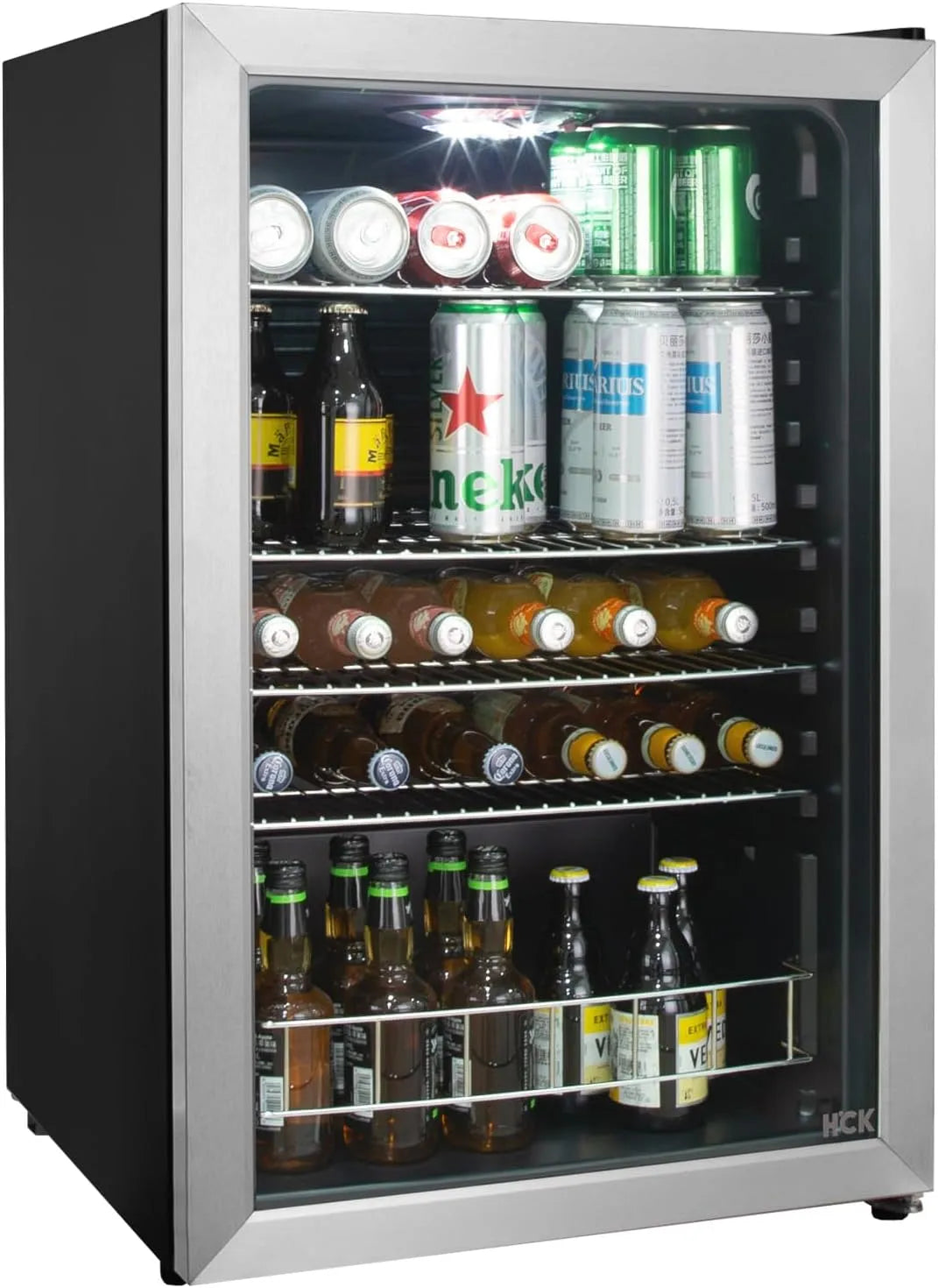 Kühlschrank, 115 L, 0 bis 10 °C, Energieklasse E, HCK, freistehend, Glas, HCK Bierkühlschrank 115L Freistehender Getränkekühlschrank mit doppelt
