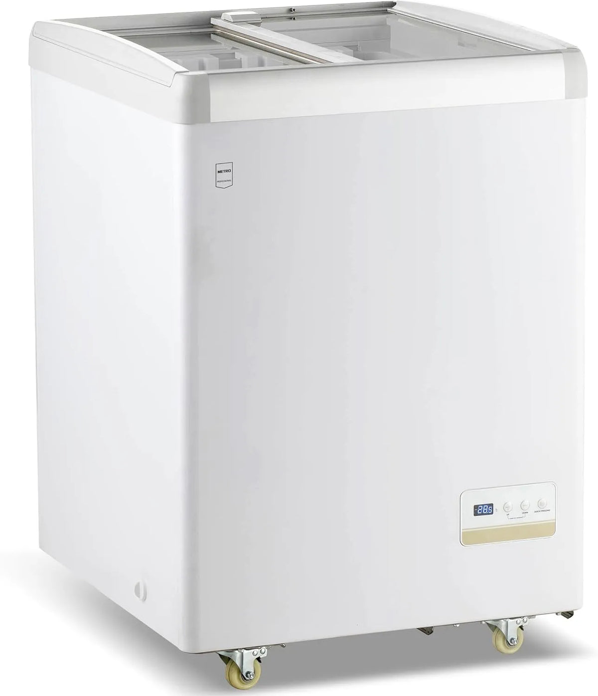 Kühlvitrine, 120 L, METRO GICC1108, Transportrollen, 2 Temperaturzonen, Weiß, 2 Ablagekörbe, Tiefkühltruhe mit Glasschiebetür, Türschloss, Rollen