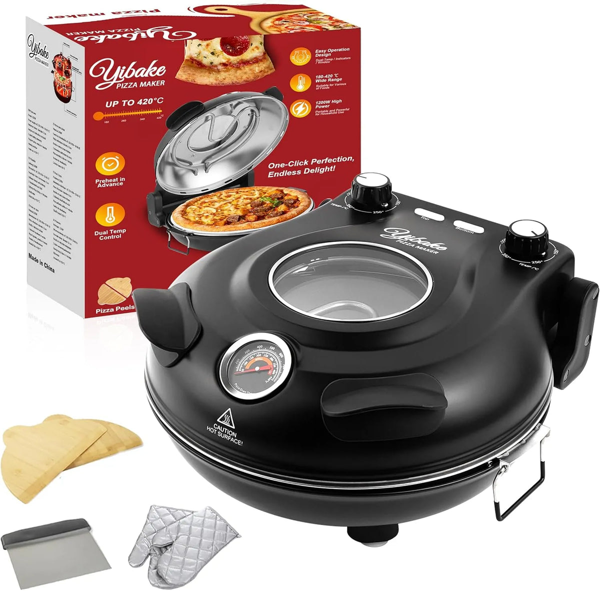 Elektrischer Pizzaofen, 1200 W, Schwarz, 1200W Pizzaofen elektrisch, Indoor-Pizzaofen