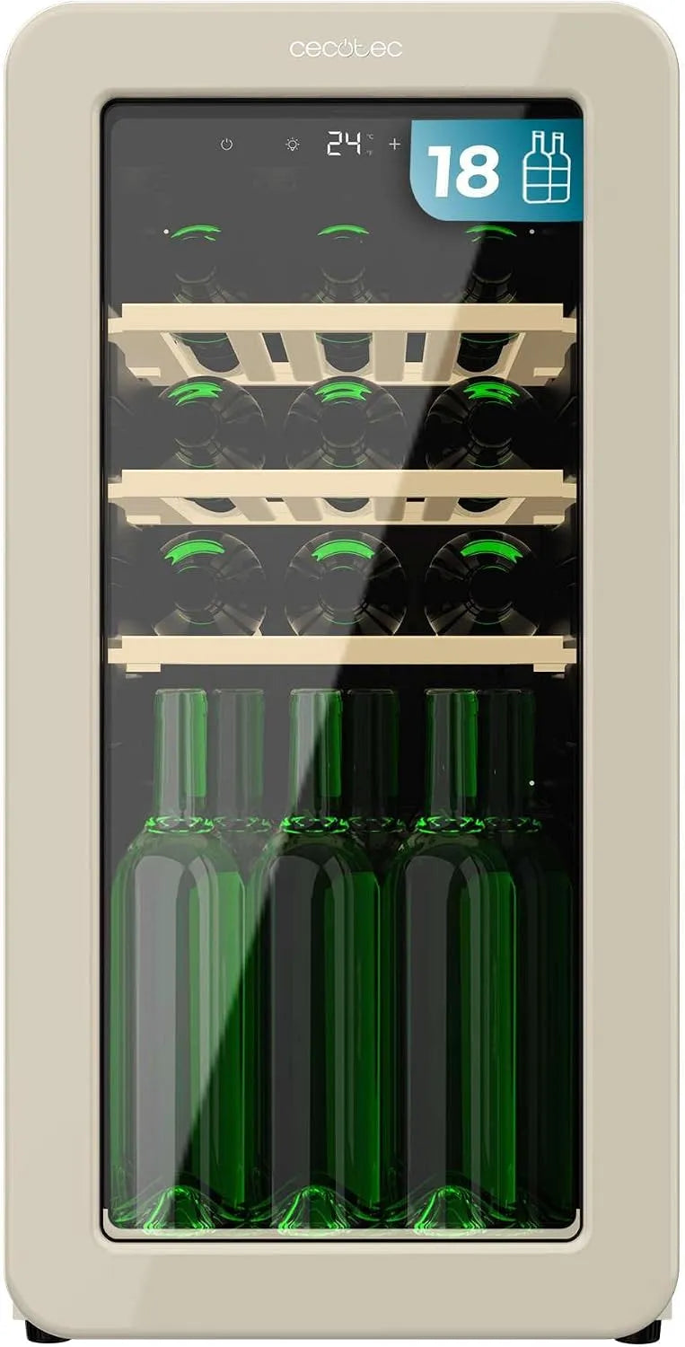 Cecotec Bolero Grandsommelier Origin Weinkühlschrank, 18 Flaschen, 5 bis 20 °C, No Frost, Beige mit LED-Steuerung, NoFrost, Holzregale, Temp. 5-20oC