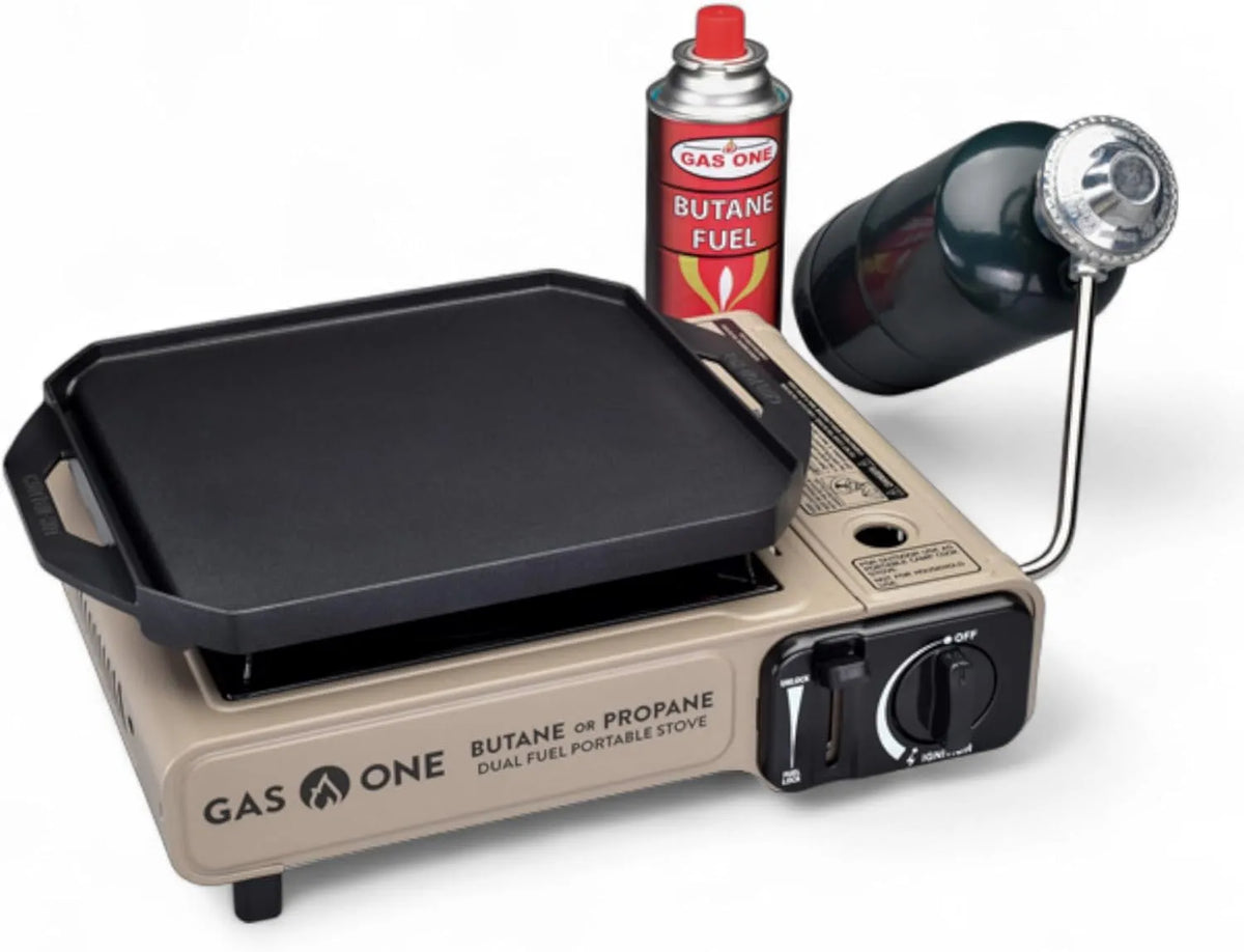 Dual-Fuel-Propan-Grill zum Kochen für Camping, Propangas- oder Butangasherd mit flacher Grillplatte im Lieferumfang enthalten, Küche, Aluminiumguss