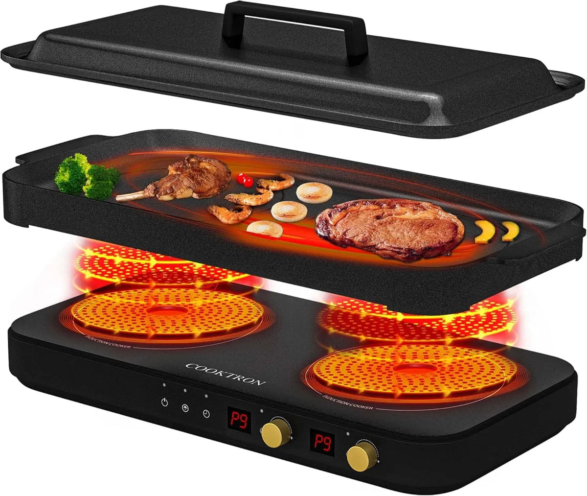 Grillpfanne, 2800 W, Antihaftbeschichtung, tragbar, Kindersicherung, COOKTRON Portable Induktionskochfeld 2 Brenner mit abnehmbarem Eisen Guss