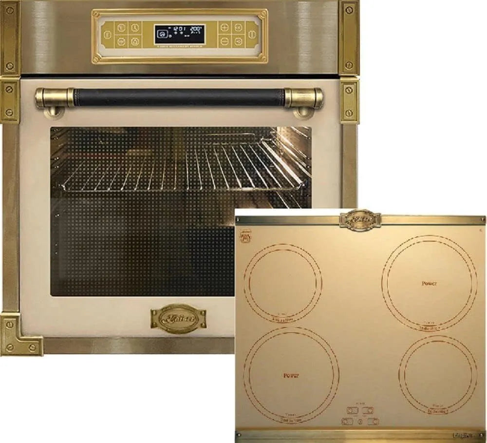 Backofen, 60 cm, 80 L, Einbau, Grill, Einbau Herd, Metallplatten Bronze, Retro Einbau Backofen 80L Elfenbeinfarbiges Glas