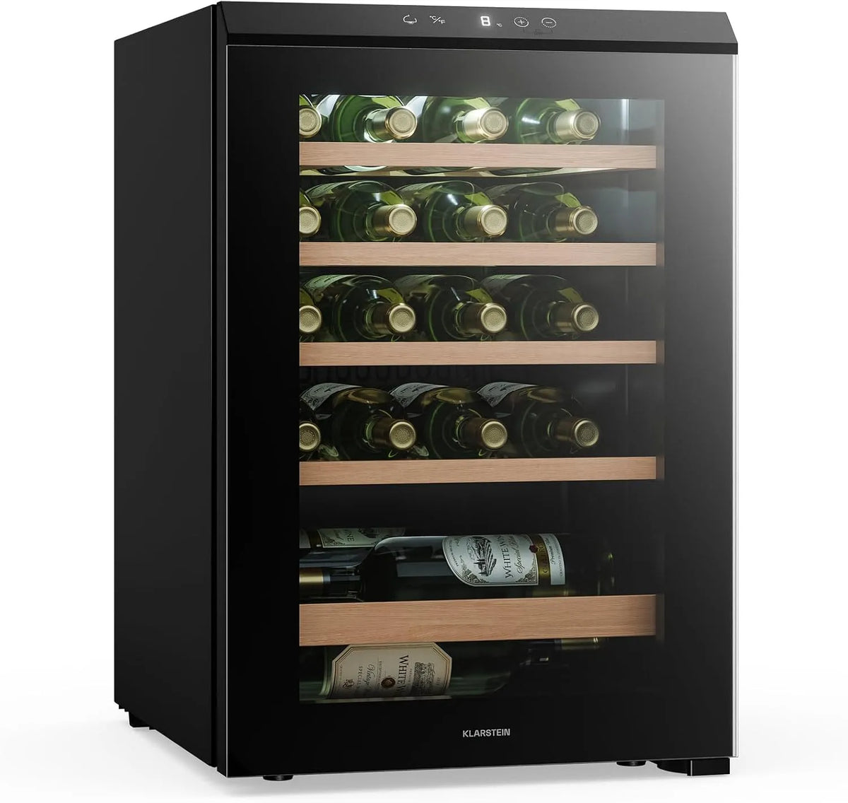 Klarstein Weinkühlschrank, 20 Flaschen, 4 bis 18 °C, LED-Beleuchtung, Glas, freistehend, Touch-Bedienung, UV-Glastür, Holzablagen