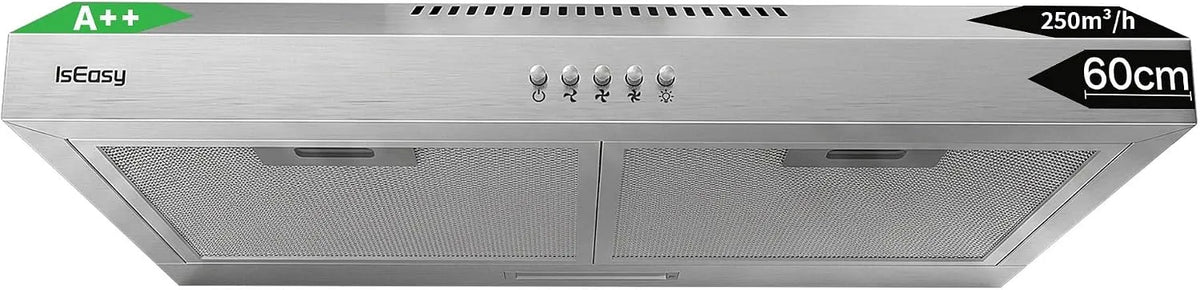 Dunstabzugshaube, 60 cm, 250 m3/h, 60 dB, Küchenhaube, Edelstahl, Silber, 2‐W‐LED‐Lampe, Integrierte Unterschrank Umlufthaube mit 3 Leistungsstufen