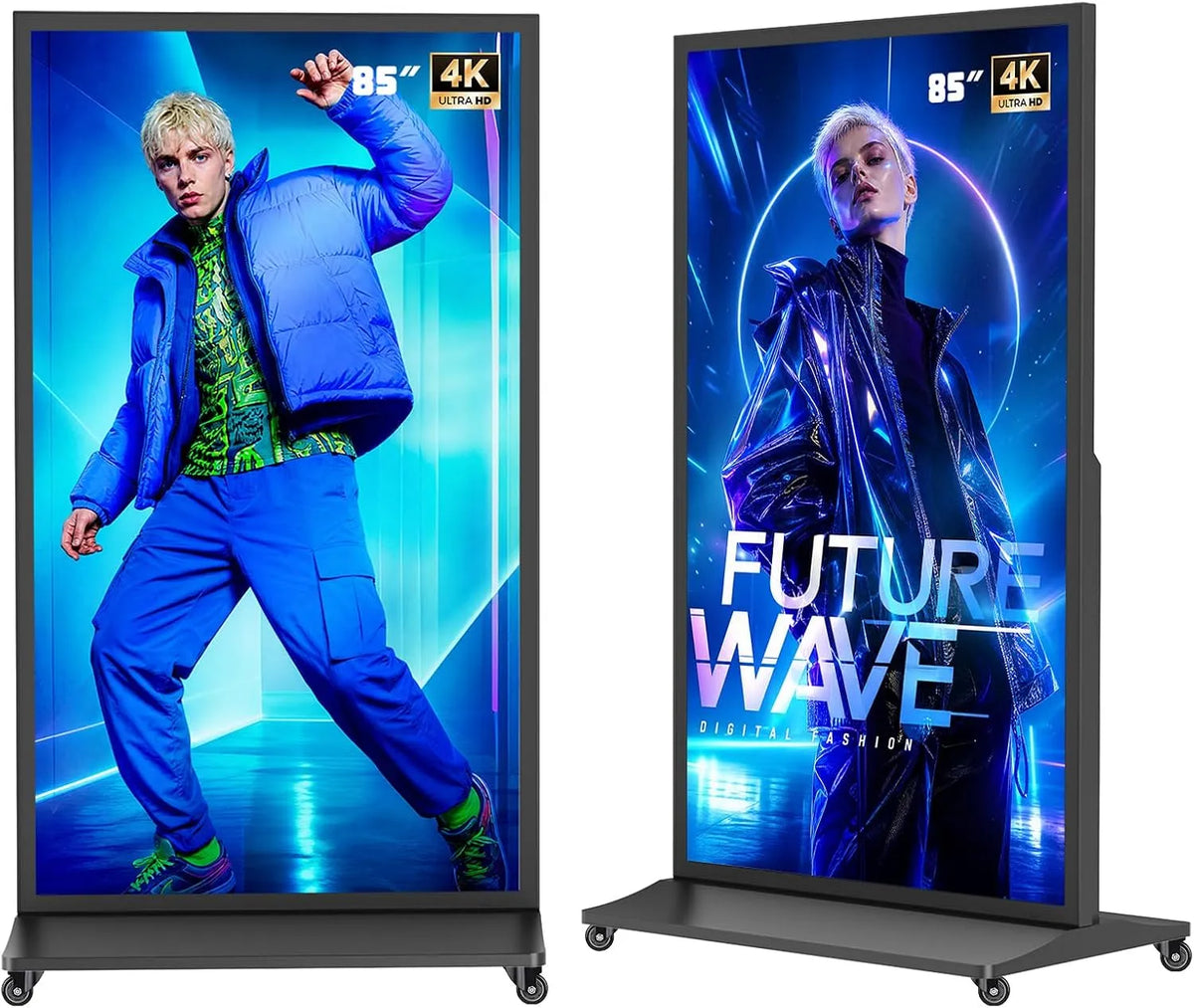 Digital Signage Display, 85 Zoll, LCD-Werbedisplay, Restaurant, Einzelhandel, Transportrollen, 4K UHD, digitaler Werbeanzeige, Werbedisplay mit Rollen