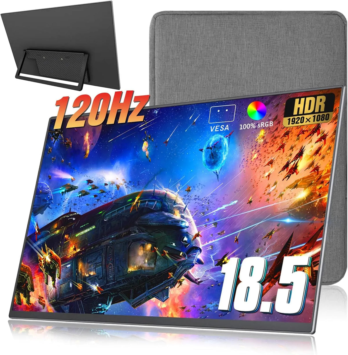 Monitor 1080P, 18.5 Zoll, 120 Hz, tragbar, HDR, Full HD, HDMI, USB, schmal, for Computer Switch Phone Game Devices