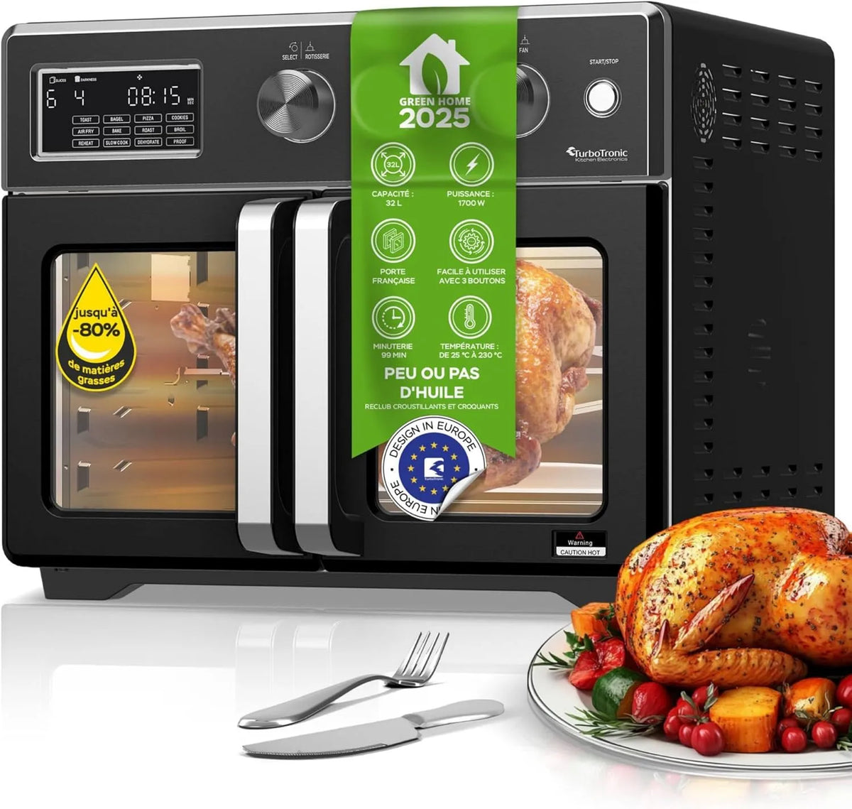 Elektrischer Pizzaofen, 32 L, TurboTronic 4in1, Grill, kompakt, Schwarz, TurboTronic Mini Backofen - 4in1 Heißluftofen und Heißluftfritteuse xxL