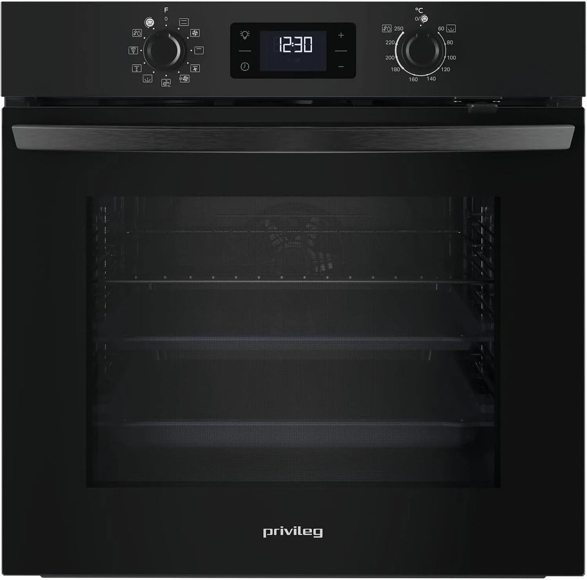 Backofen, 71 L, Privileg PBA285HR0K, Einbau, Schwarz, 71 Liter, Black Glass, A plus, Hydrolyse-Reinigungsfunktion, Turn und Go