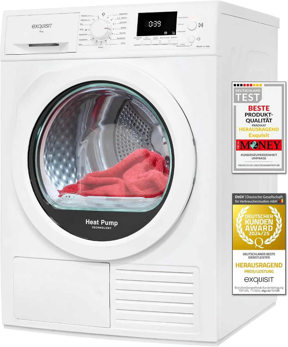 Exquisit TWP903-410 Wäschetrockner, 9 kg, leise, Weiß, Exquisit Wärmepumpentrockner 9kg - leise Trocknung mit Knitterschutz