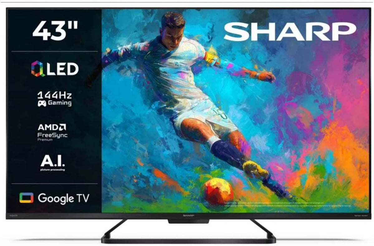 Google 43HR7365E USBx2 Smart TV, 43 Zoll, 144 Hz, Fernseher, 4K UHD, QLED, HDR, Dolby Audio, HDMI, rahmenlos, Bluetooth, Schwarz, Dolby Atmos 2x10 W