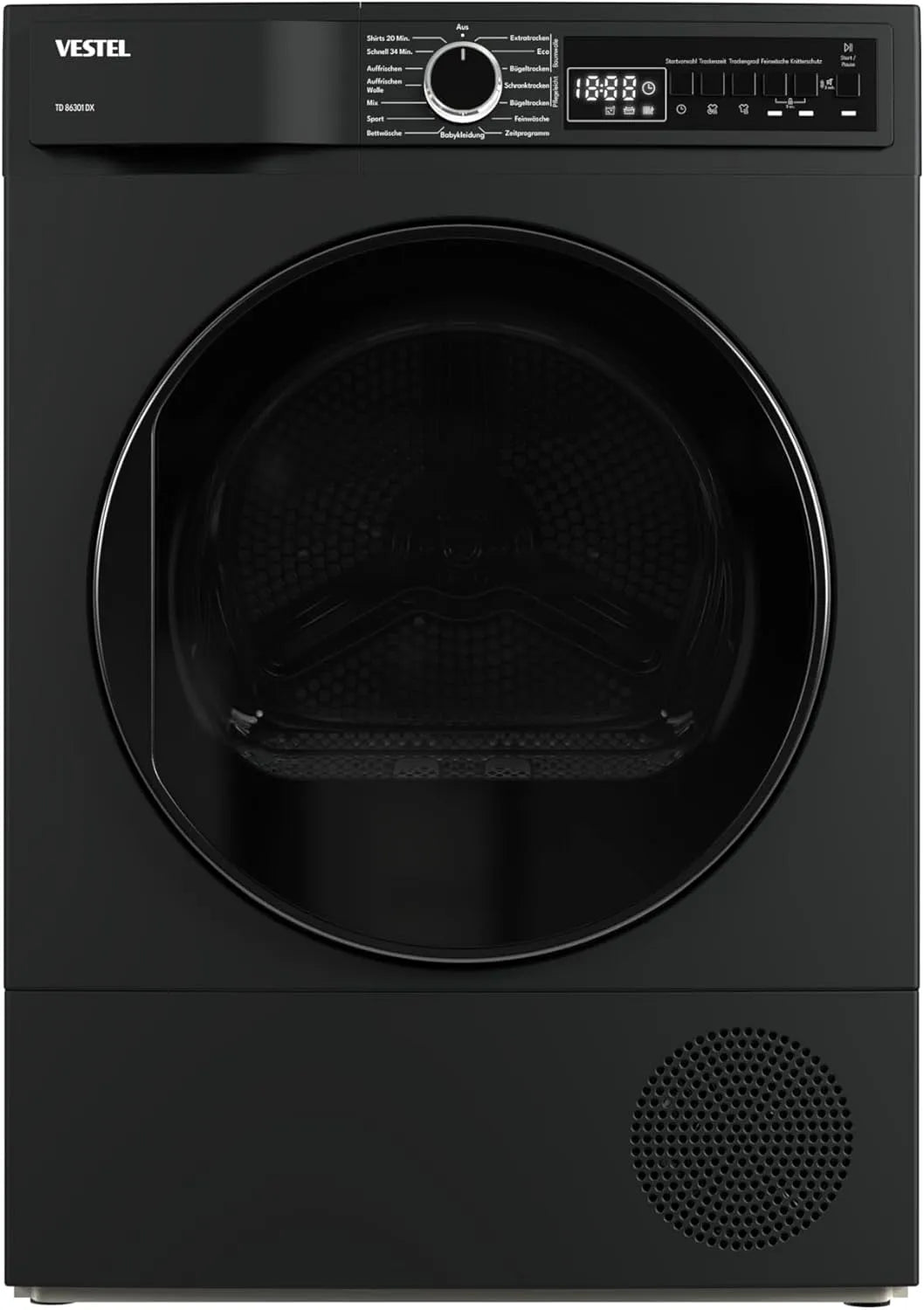 Produkt 8 kg, VESTEL TD 86301 Dx Wärmepumpe Frontlader, 15 Programme, 20 Min. Schnellprogramm, Knitterschutz, PearlDrum-Schontrommel, Dark Inox