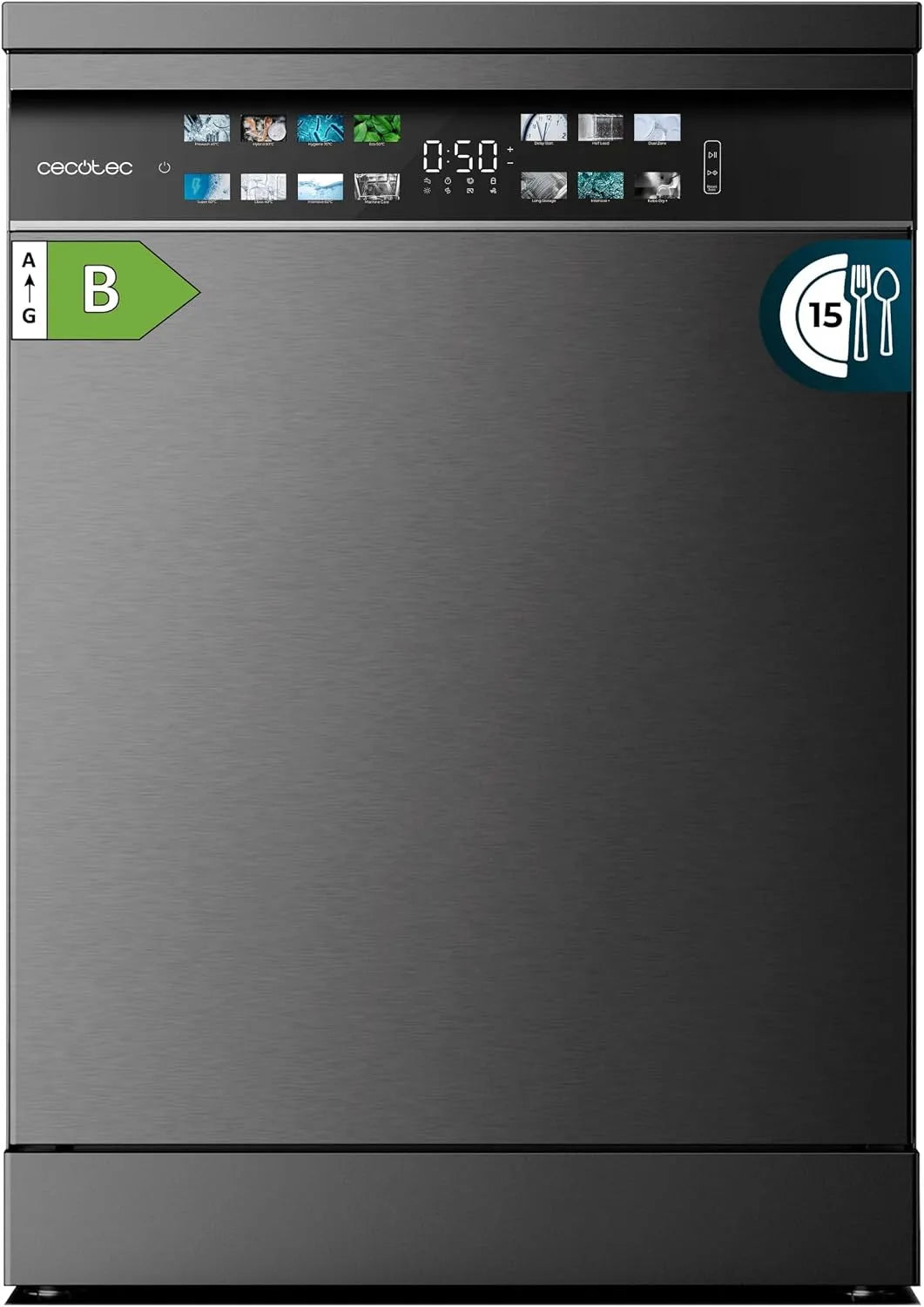 Cecotec Bolero Aguazero 6700 Geschirrspüler, 60 cm, freistehend, Inverter, 15 Bestecke, xxL Fullcolor Display, energieeffizient, drittes Fach