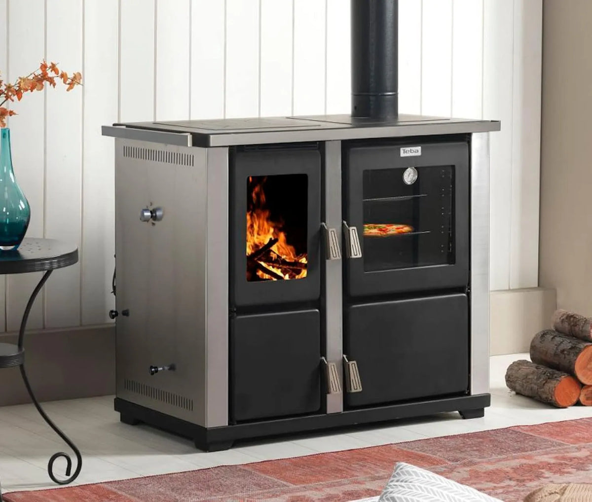 Produkt Kaminofen mit Backfach und Herdplatte Teba TKS 18 Rechts Mehrfachbelegung Holzofen 10 kW Kamin Ofen Holz Holzherd Küchenhexe Kochplatte
