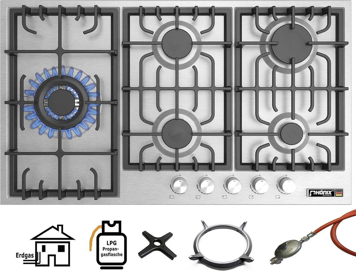 Gaskochfeld, 905 L, Phönix PS-905L, Einbau, freistehend, autark, Edelstahl, Gaskocher, inkl. Gasschlauch-Regler Set für Propangasflaschen