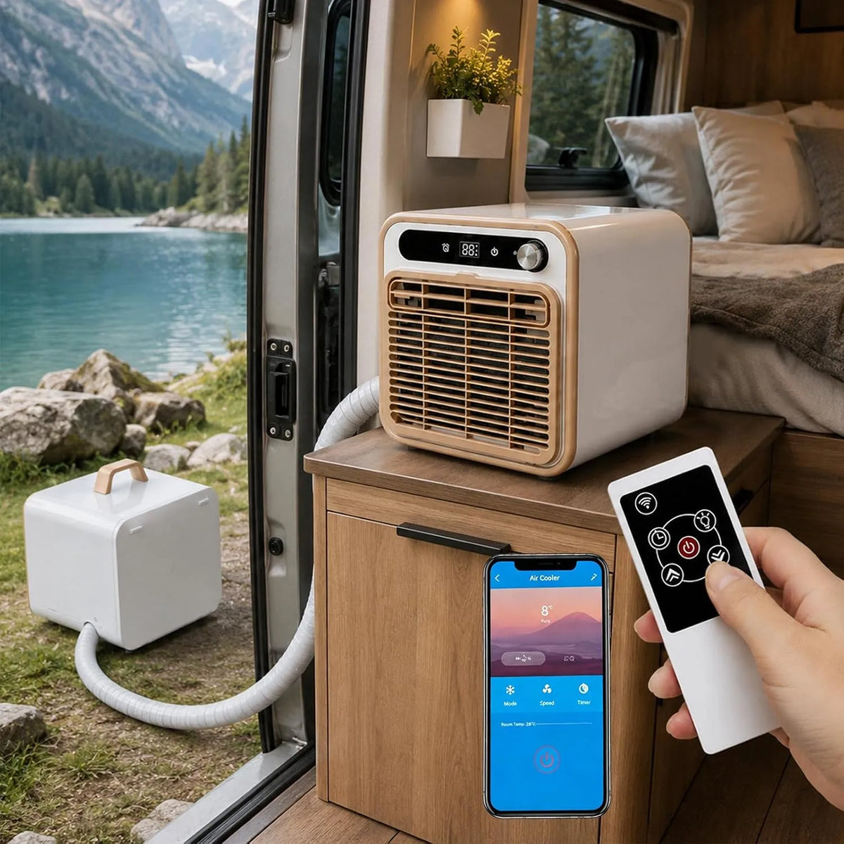 Klimaanlage 2m-Pipe, App, IPS-Panel, Camping, Für Roadtrips, Campervan Klimaanlage, Leichtes Split-Kühlgerät Mit Mehreren Stromoptionen &