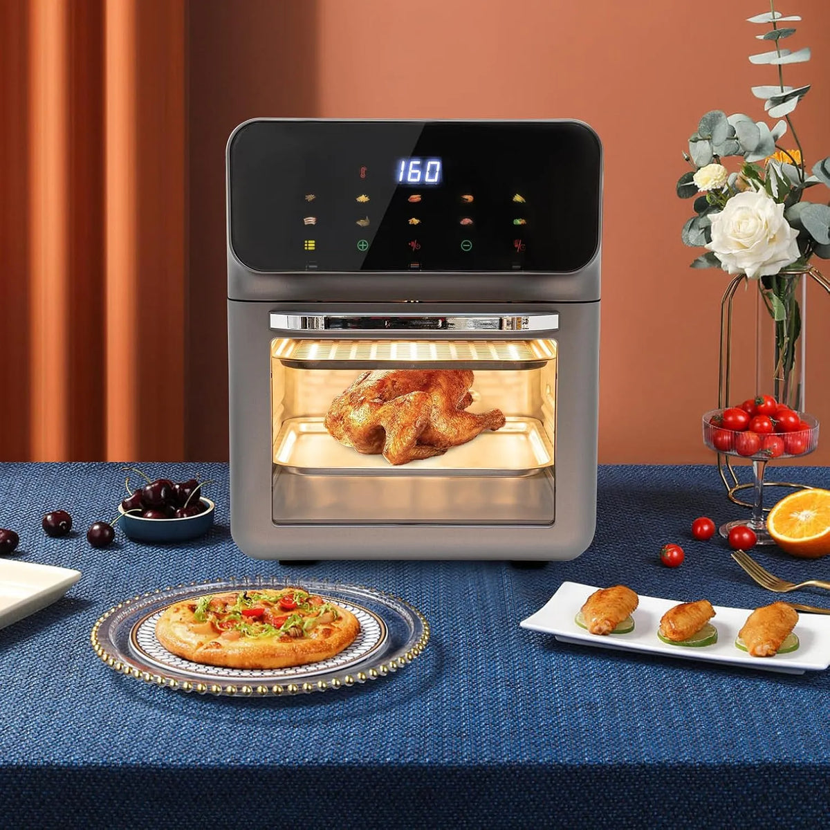 Elektrischer Pizzaofen, 13 L, 1350 W, Touch-Bedienung, Grill, LCD-Display, Auftaufunktion, 13L Elektrobackofen Elektroofen LCD-Touchscreen Visuelle
