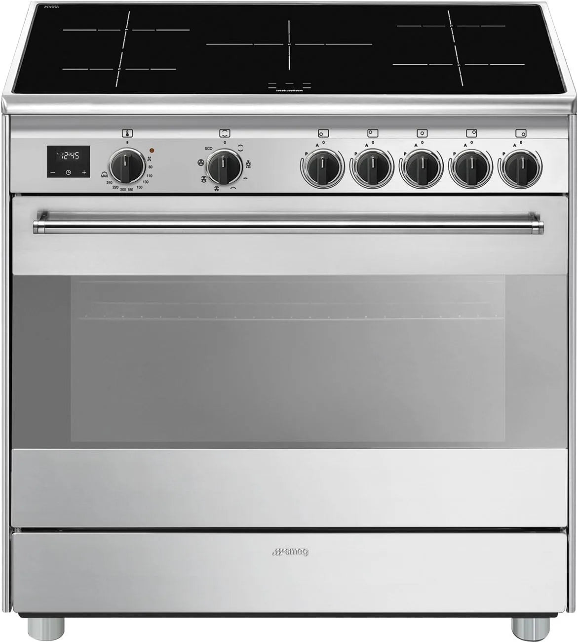 Smeg BG91Ix2 Backofen, 90 x 60 cm, 5 Kochzonen, Energieklasse A, Dampf, Edelstahl, Smeg BG91Ix2 Induktionskochfeld, Multifunktions-Elektrobackofen