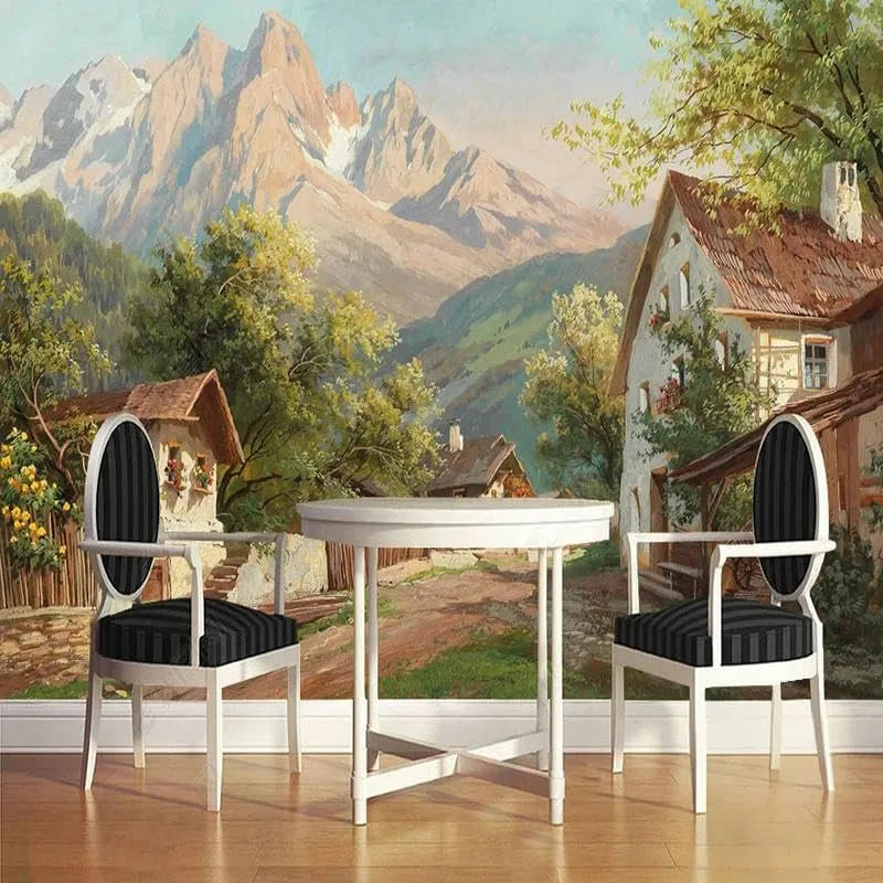 Fototapete, 3D-Optik, Wohnzimmergestaltung, Restaurant, ZEZILE Fototapete Europäisch Pastoral Land Landschaft Ölgemälde Wandgemälde Restaurant Cafe