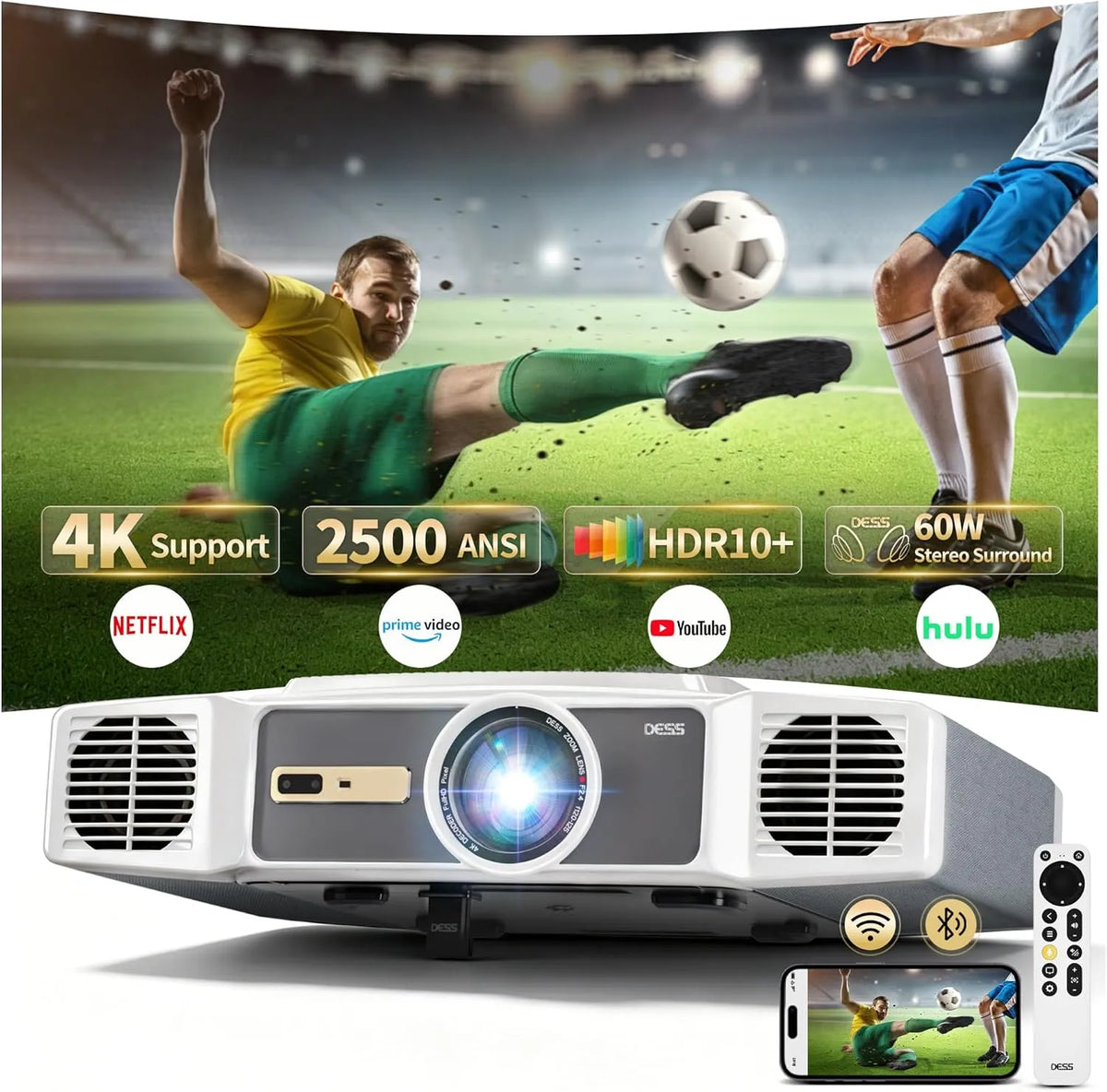 Smart TV, Fernseher, 4K UHD, WLAN, Schwarz, Wi-Fi 6 Tageslicht Beamer für Heimkino & Gaming, Dual 30W Lautsprecher, DESS C5 Enterprise GTV 4K Beamer
