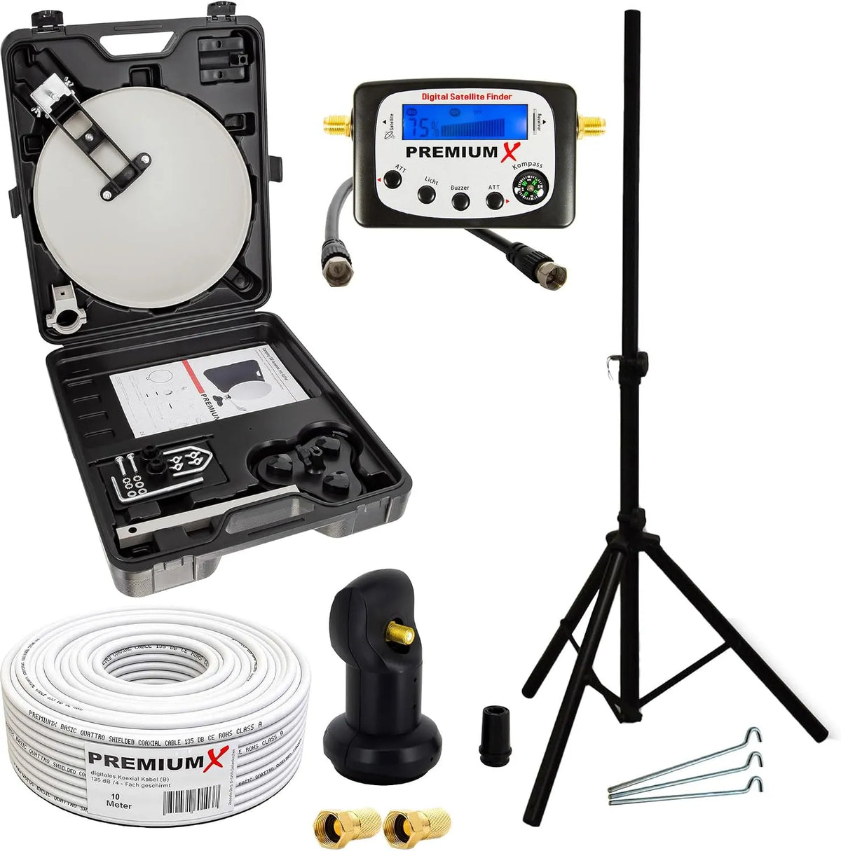 Smart TV 10m, Fernseher, Camping, Premiumx Camping Satelliten-Anlage Mobile Antenne im Koffer Single LNB TV SAT-Finder 10m Koaxial-Kabel F-Stecker