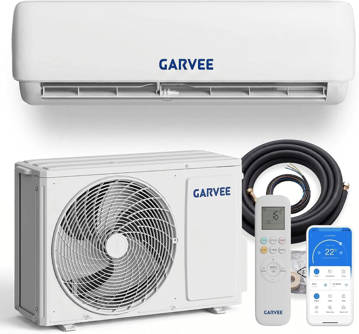 Klimaanlage, 19 dB, Energieklasse A, WLAN, App, Inverter, Dampf, leise, 2 kW, Heizen & Kühlen, inkl. Montagematerial