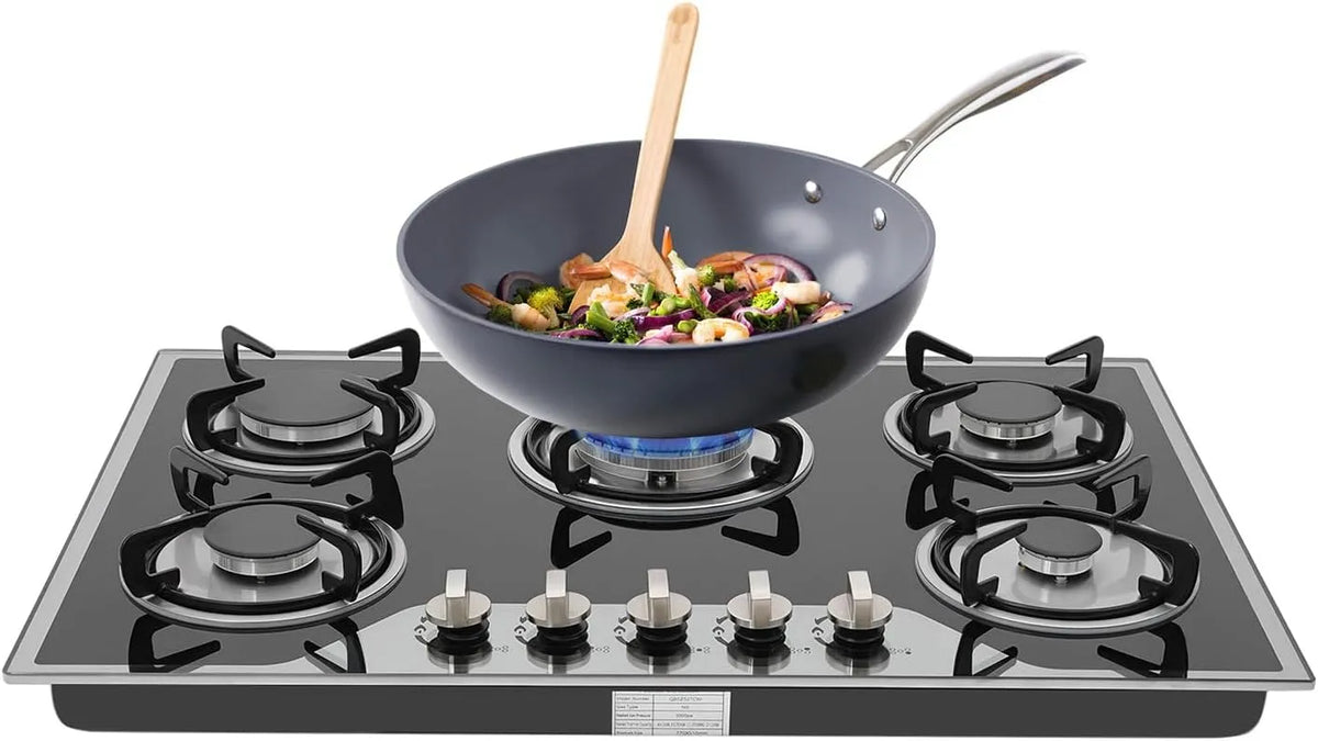 Gaskochfeld, 77cm, Einbau, Restaurant, Gaskocher, Schwarz, Gasherd 5 Brenner LPG Erdgas, Elektronische Impulszündung